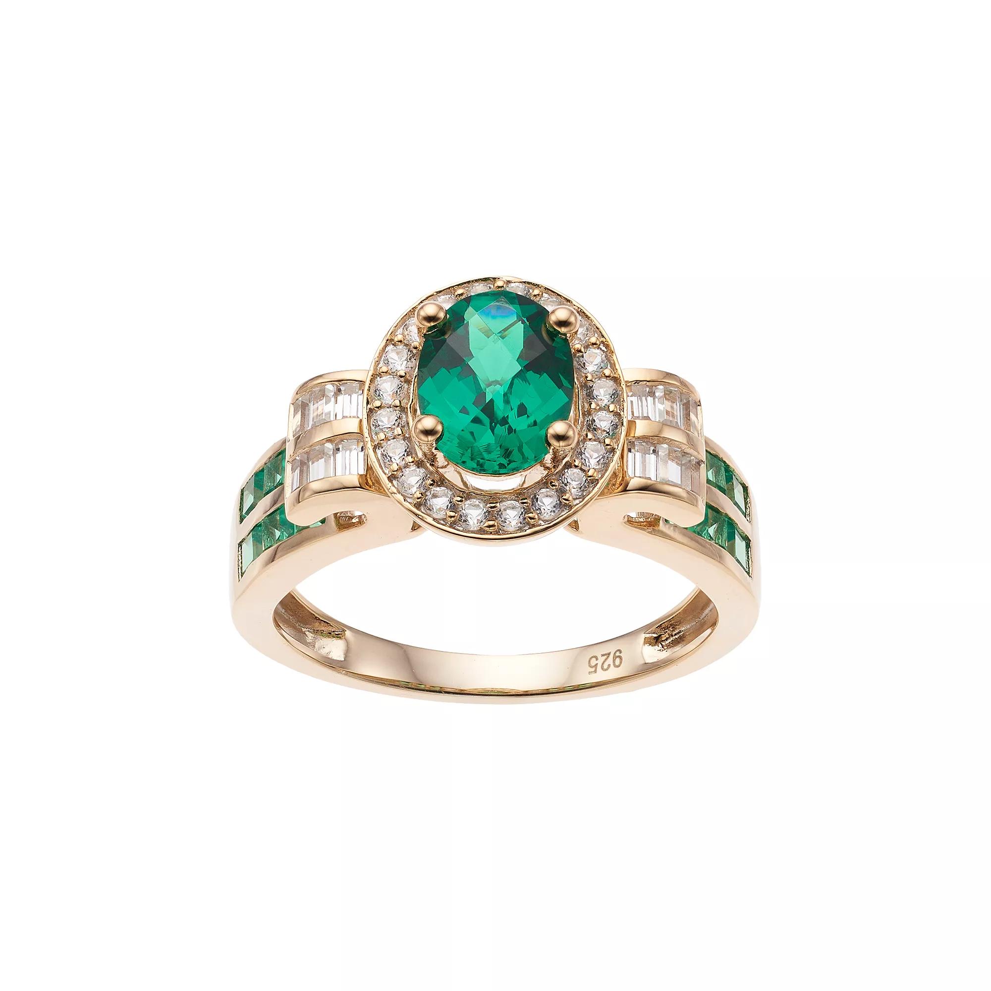 14k Gold Over Silver Lab-Created Emerald & White Sapphire Oval Halo Ring, Women's, Size: 8, Gold Tone Product Image