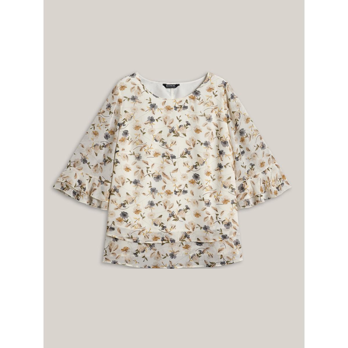 Plus Size Ivory Chiffon Floral Print Layered Blouse Women Timeless Elbow-length sleeve Round Neck Elegant Blouses BloomChic 22-24/3X Product Image