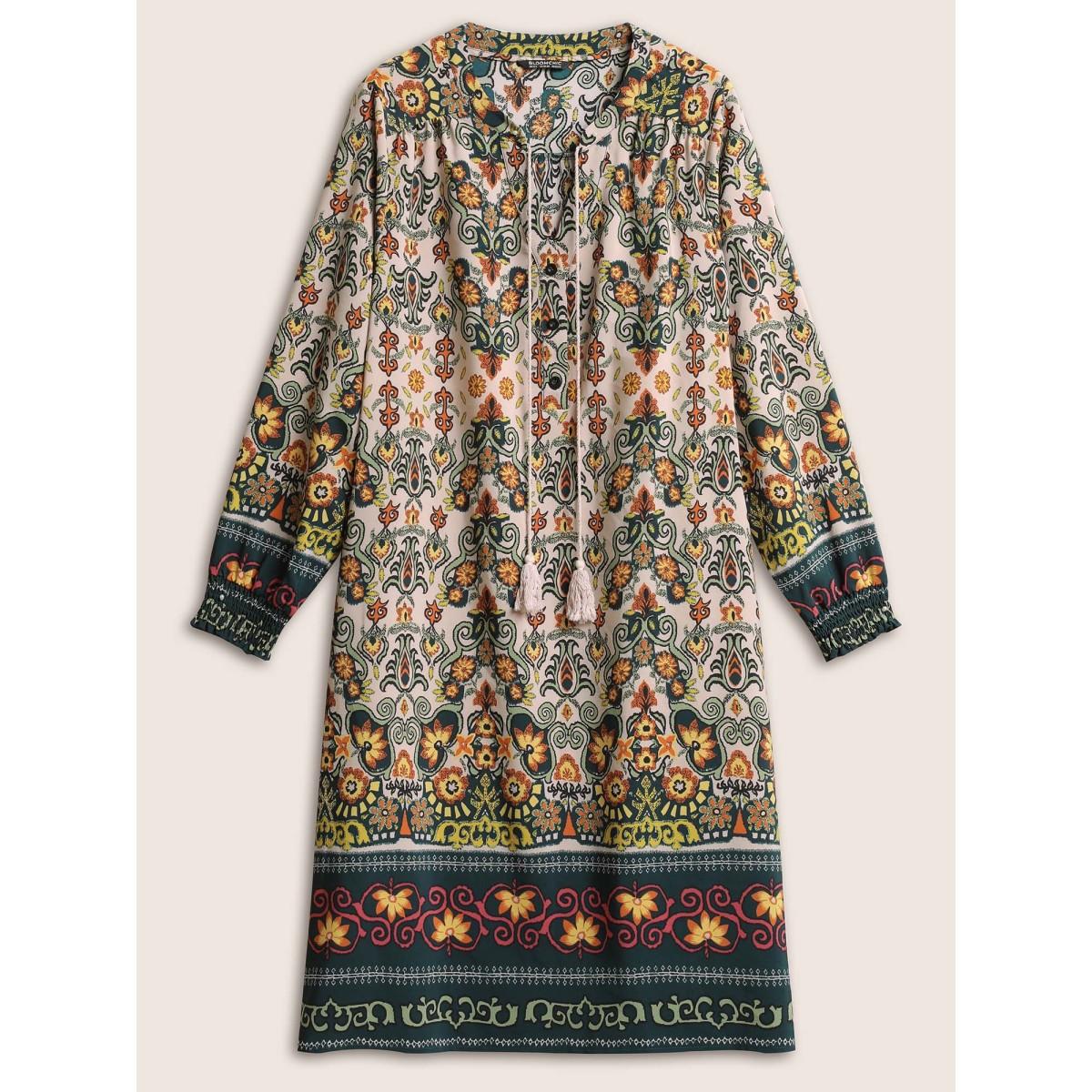 Plus Size Bandana Print Tassels Ties Shirred Cuffs Dress DarkGreen Women Vacation Tassels Tie Neck Long Sleeve Curvy Midi Dress BloomChic 22-24/3X Product Image