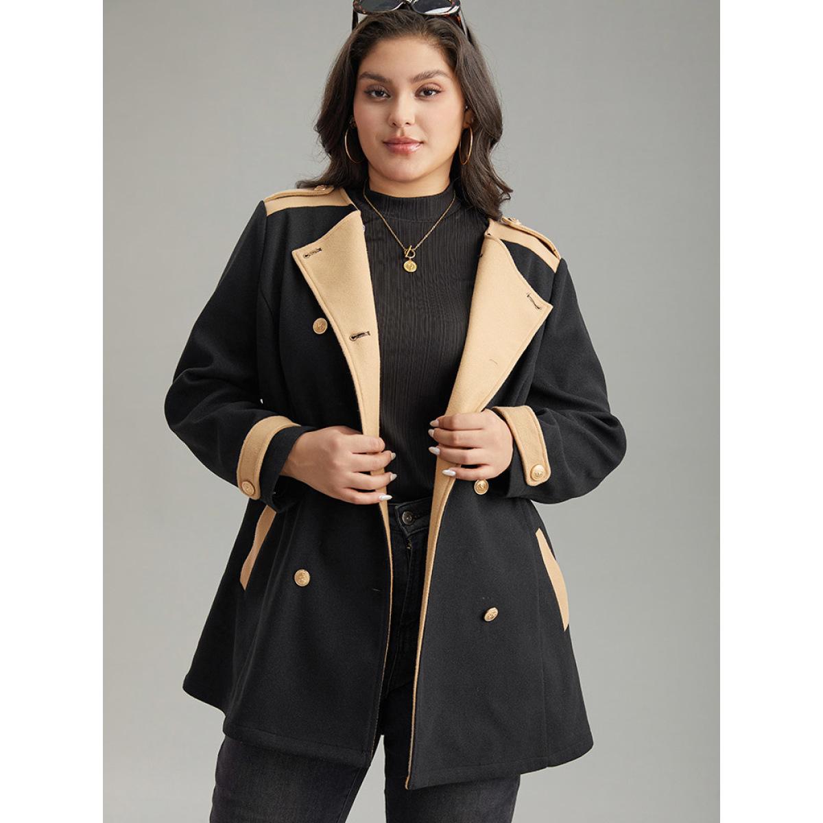 Plus Size Lapel Collar Patchwork Double Breasted Pocket Coat Women Black Casual Contrast Ladies Dailywear Winter Coats BloomChic 18-20/2X Product Image