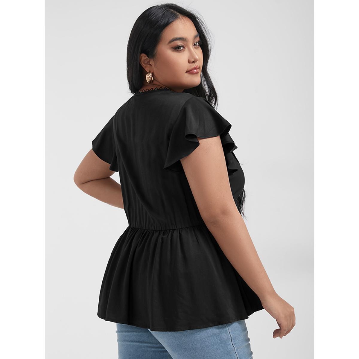 Pleated Flutter Sleeve Plain Plus Size Women Dailywear Blouses Short Sleeve V Neck Elegance Blouses BloomChic Product Image