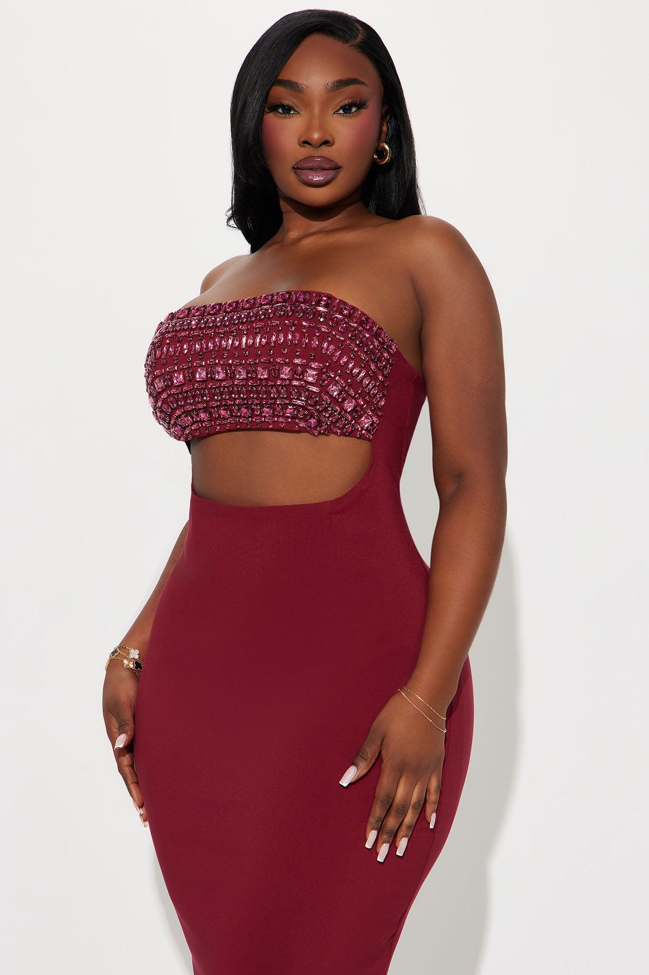 Piece of Love Rhinestone Midi Dress - Burgundy Product Image