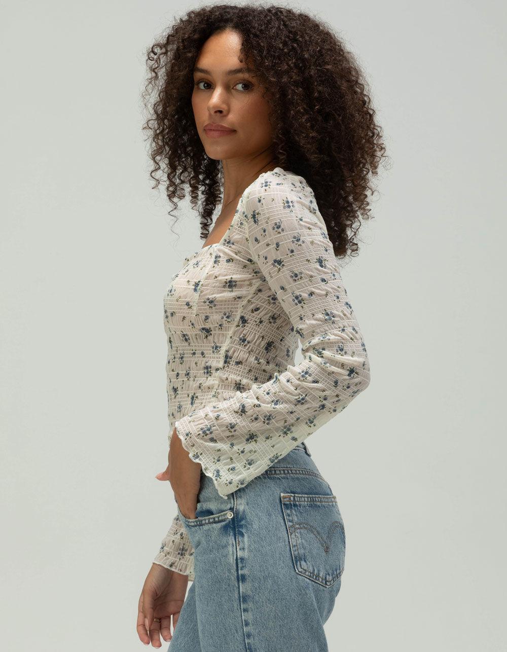 WEST OF MELROSE Ditsy Womens Textured Long Sleeve Top - Cream Combo Product Image