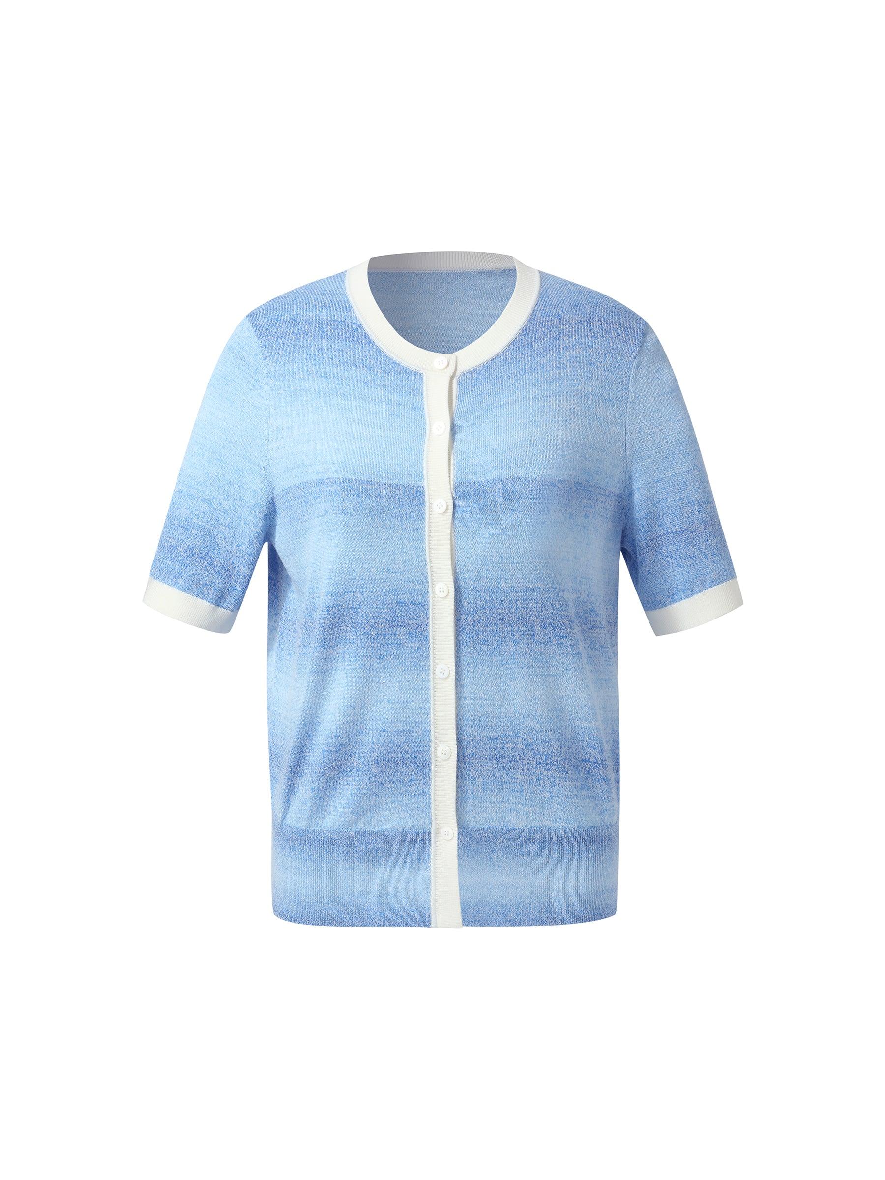 Blue And White Gradient Contrast Trim Women Cardigan Product Image