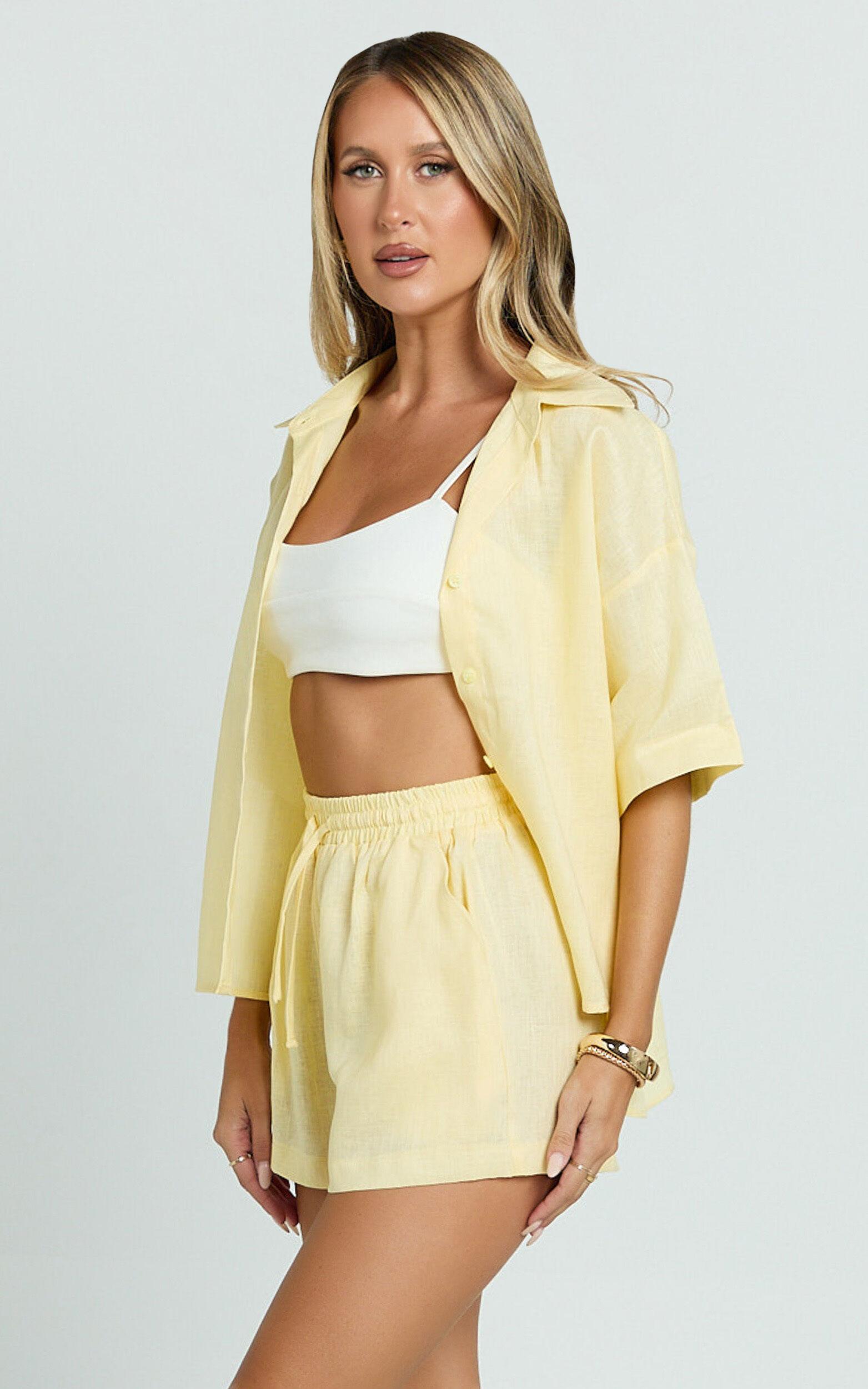 Ramona Linen Shorts - Drawstring Linen Shorts in Lemon Product Image