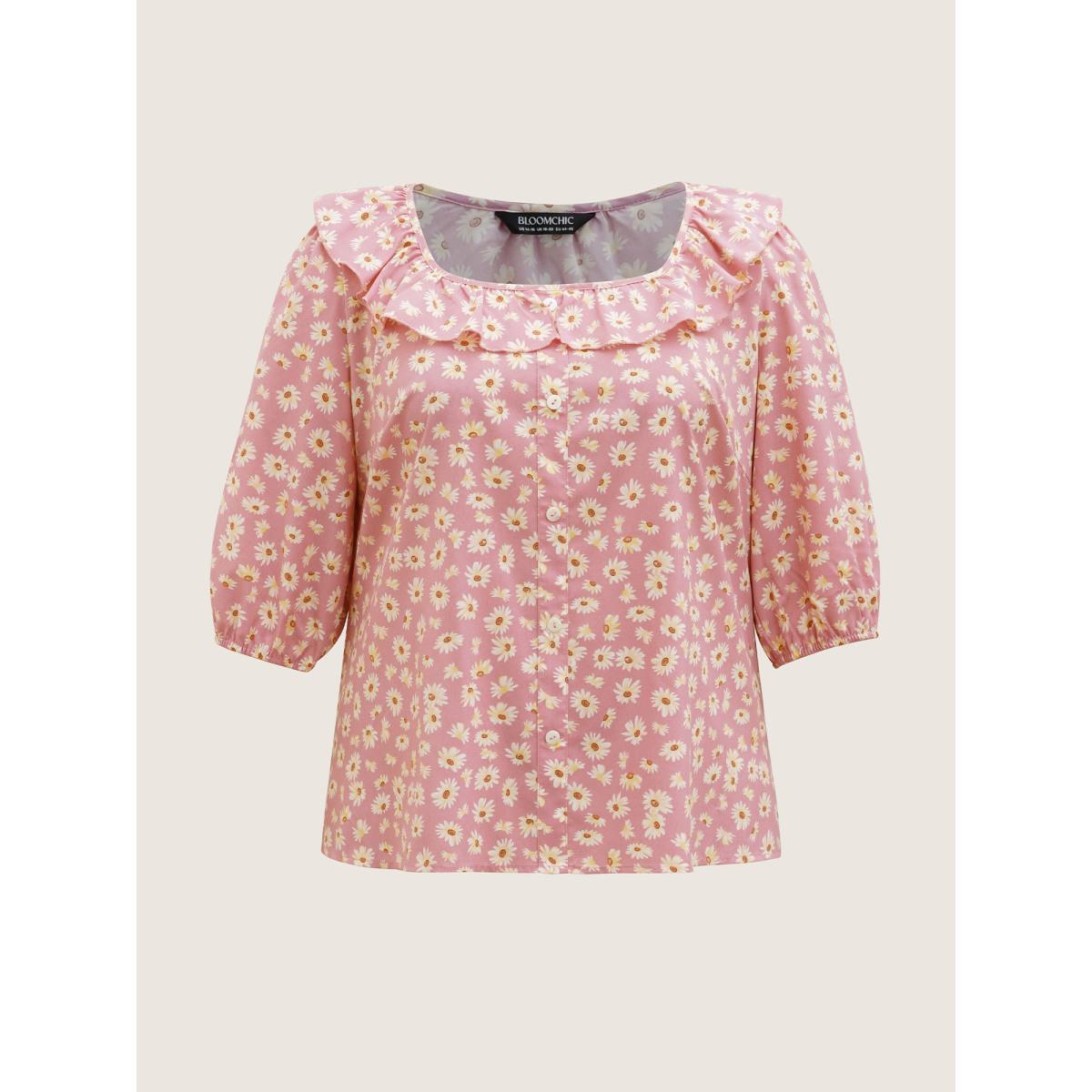 Plus Size Lightpink Daisy Patterned Ruffled Collar Blouse Women Timeless Elbow-length sleeve Square Neck Elegant Blouses BloomChic 22-24/3X Product Image