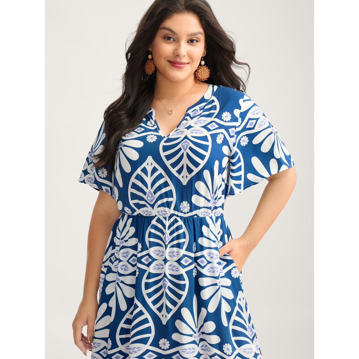 Plus Size Rayon Ornate Print Cinched-Waist Midi Dress Indigo Women V-neck Short sleeve Curvy BloomChic 18-20/2X Product Image