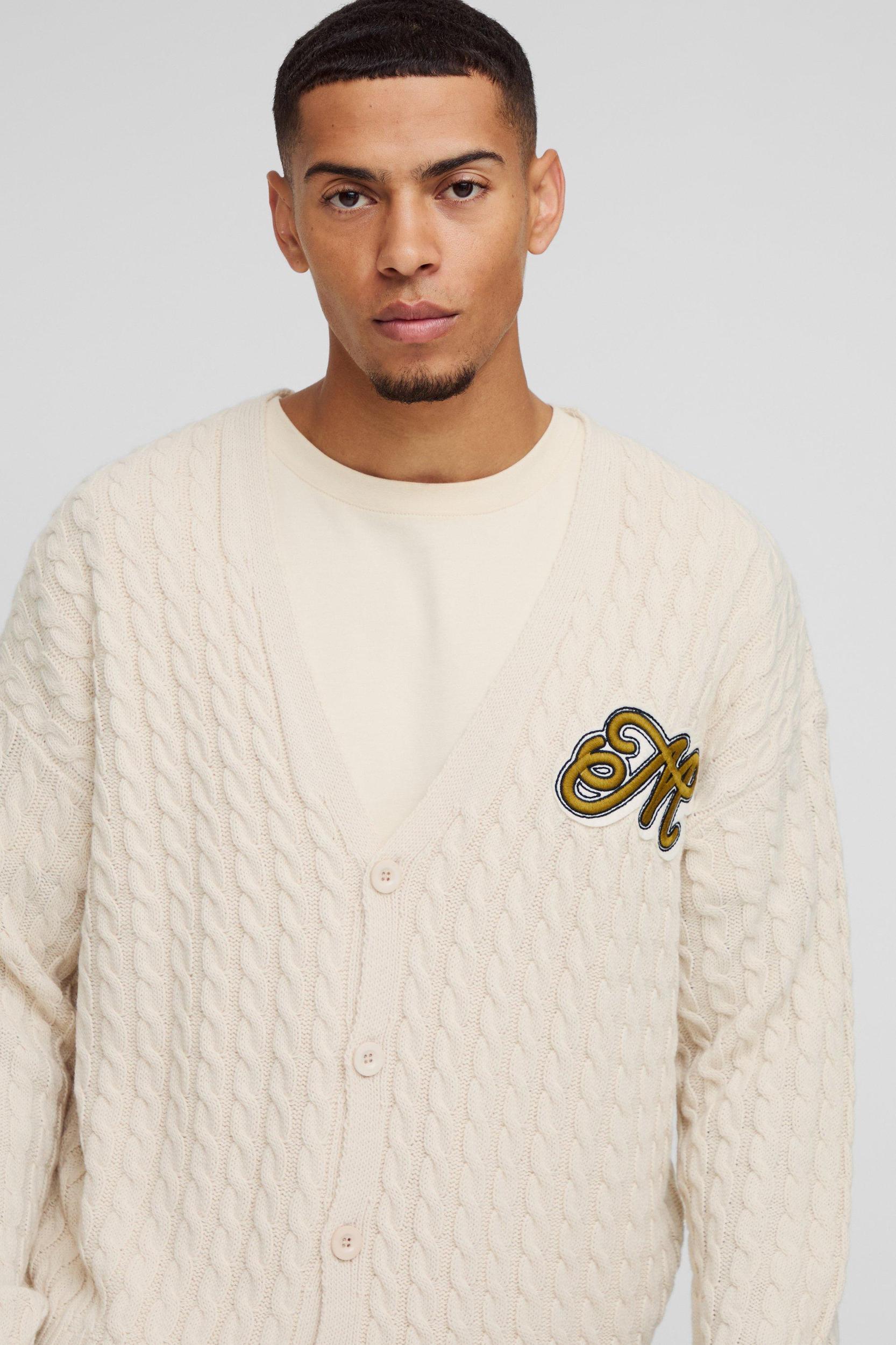 Boxy Fit Varsity Applique Cable Knitted Cardigan | boohooMAN USA Product Image
