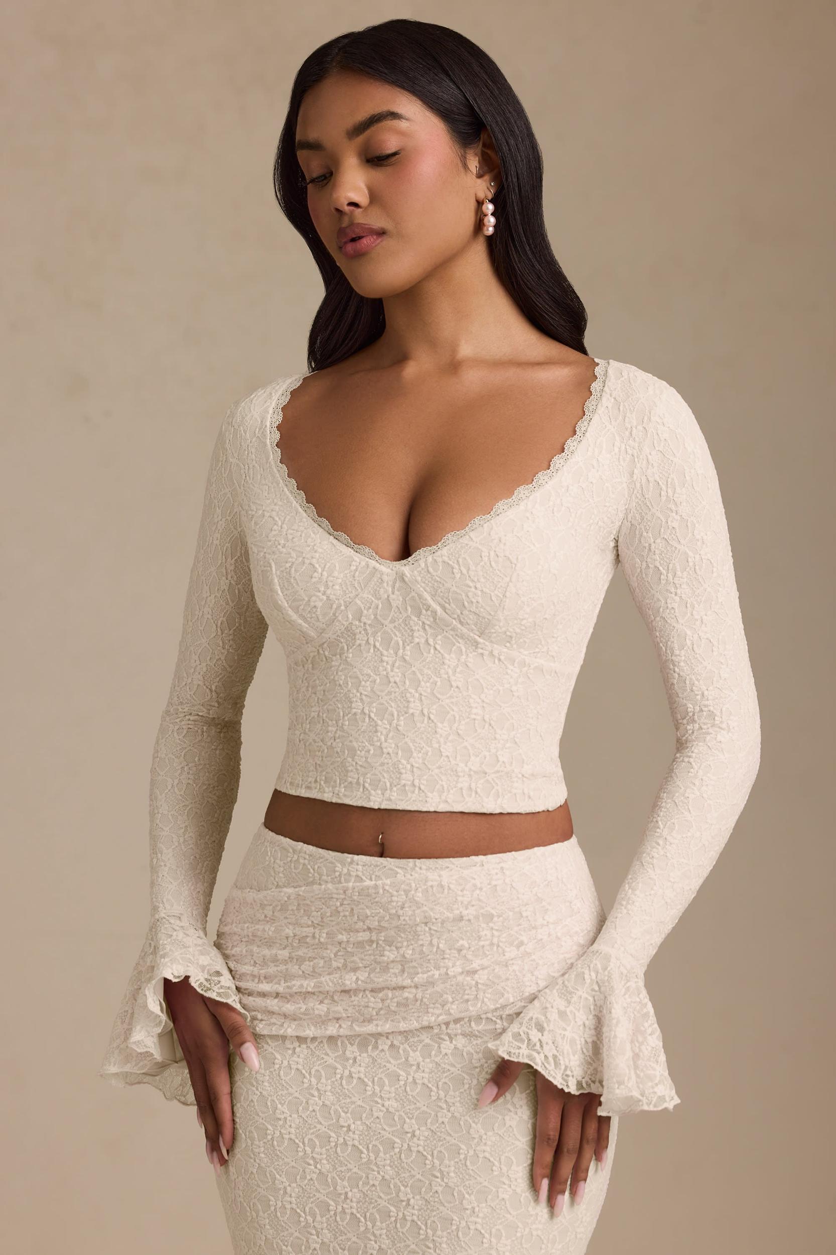 Ruffle Long-Sleeve Lace Top in Ivory Product Image