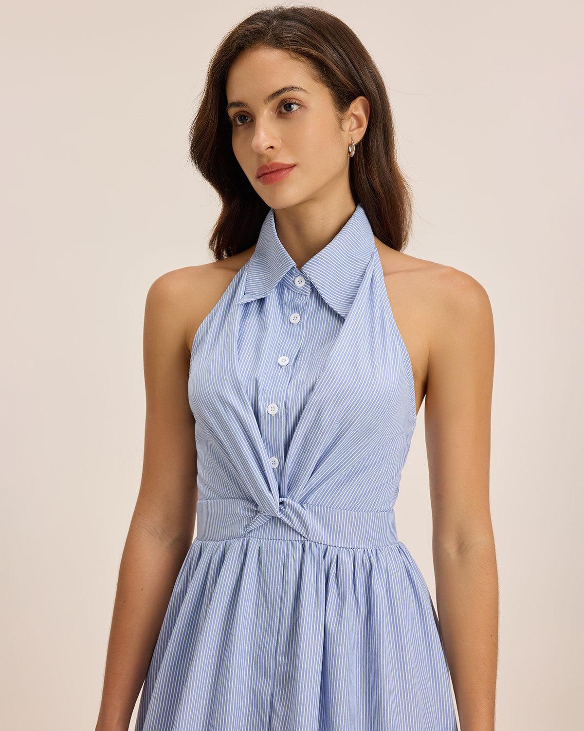 Blue Striped Twist Backless Midi Dress Product Image