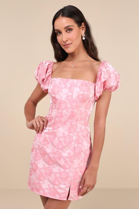 Momentous Cuteness Pink Jacquard Off-the-Shoulder Mini Dress Product Image