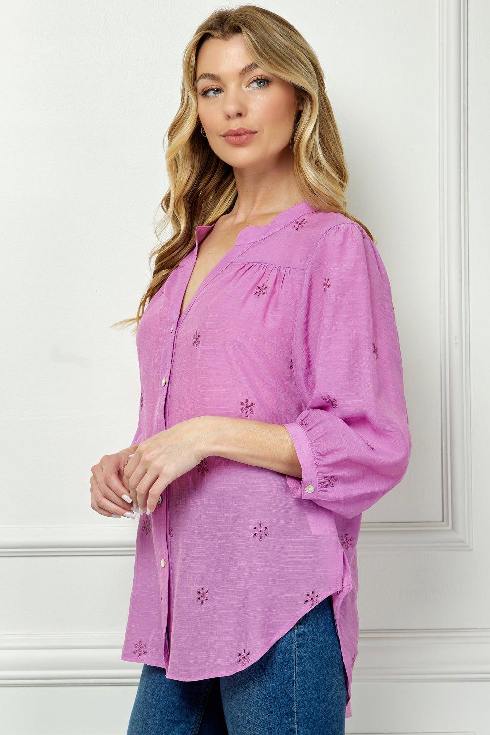 Long Sleeve Button Front Yoke Neck Top Product Image