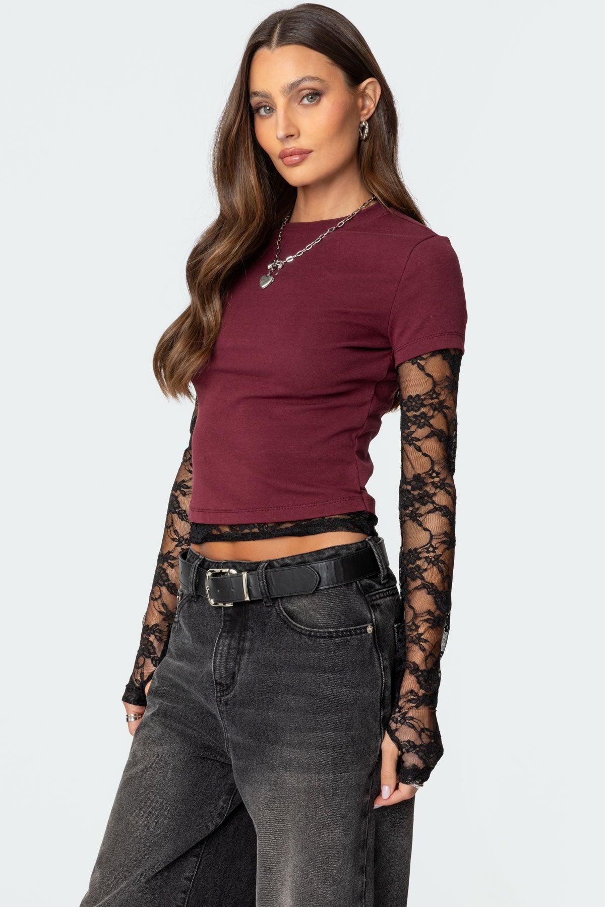 Layered Lace Sleeve T Shirt Product Image