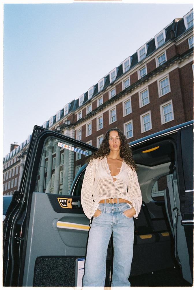 Deep V-Neck Open Knit Pullover Product Image