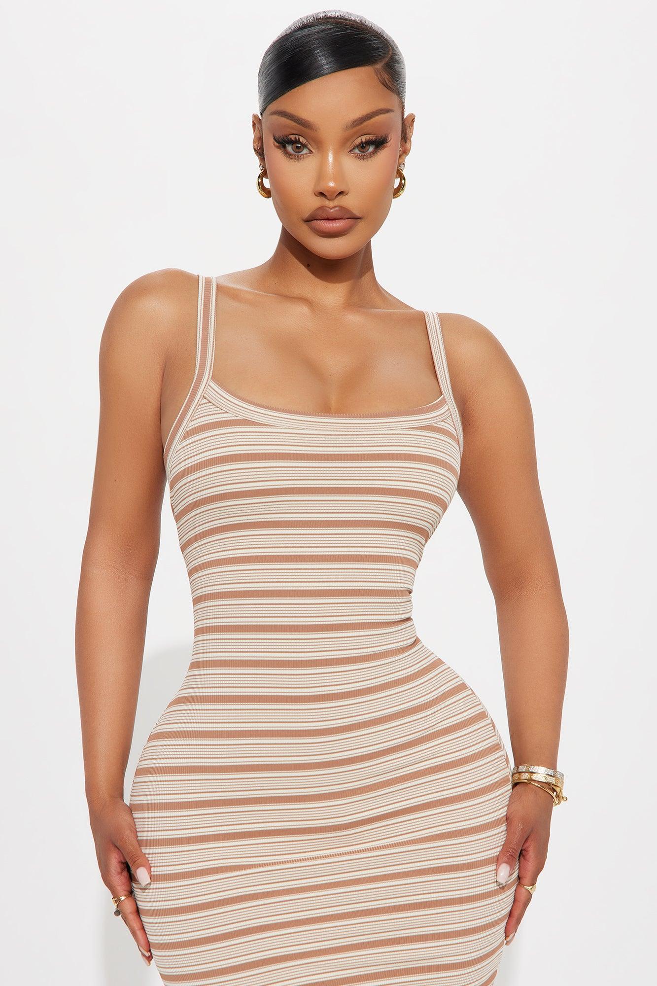 Jovana Striped Ribbed Midi Dress - Taupe/combo Product Image