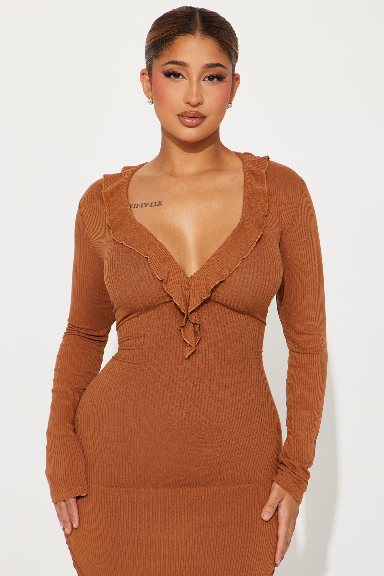 Lizzie Ribbed Midi Dress - Brown Product Image