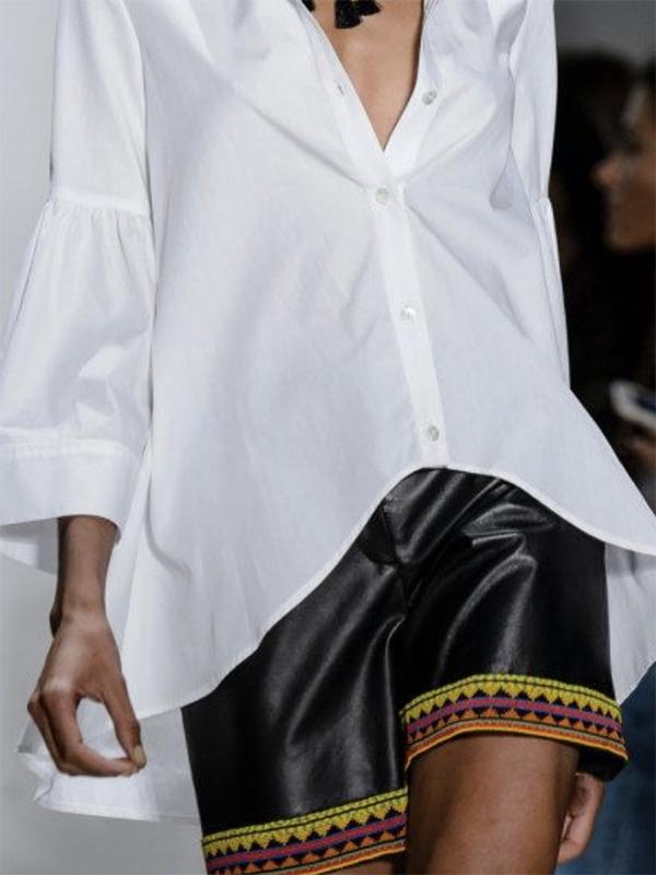 Flared Sleeves Long Sleeves Buttoned Solid Color Lapel Blouses&Shirts Tops Product Image