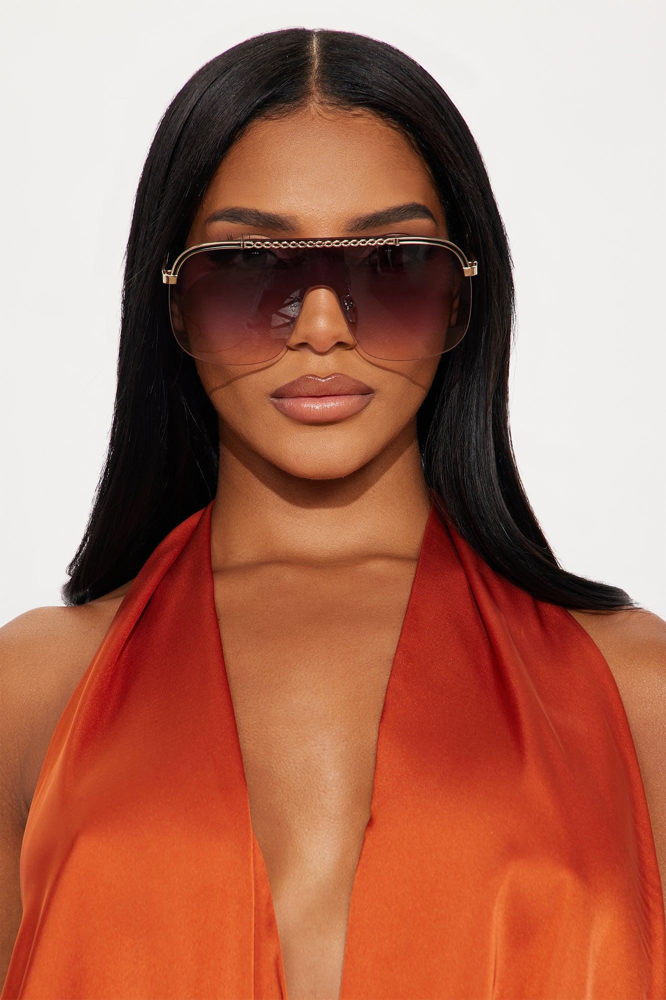 Chain Link Shield Sunglasses - Gold/Black Female Product Image