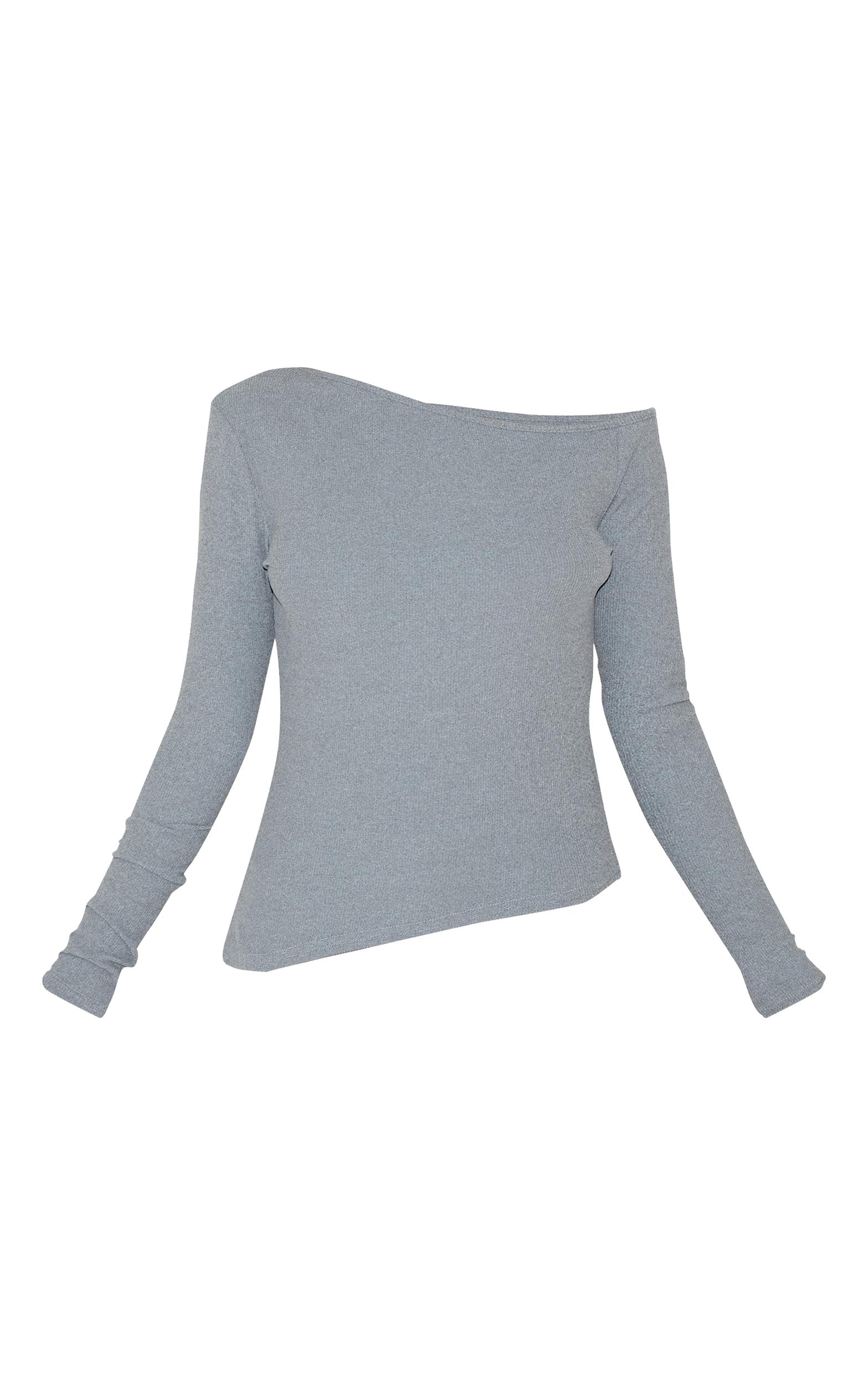 Grey Soft Touch Rib Asymmetric Long Sleeve Top Product Image