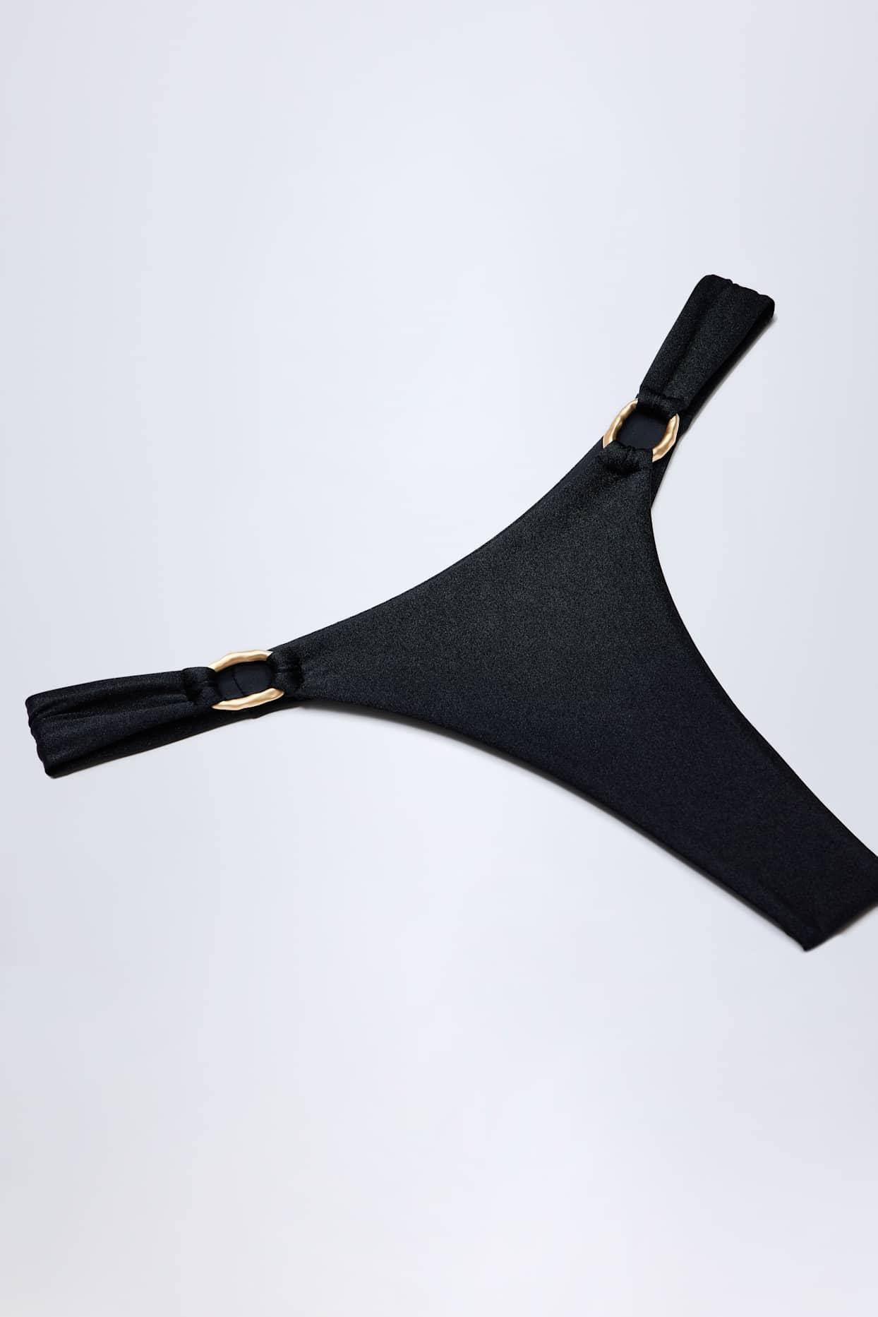Hardware-Detail Thong Bikini Bottoms in Black Product Image