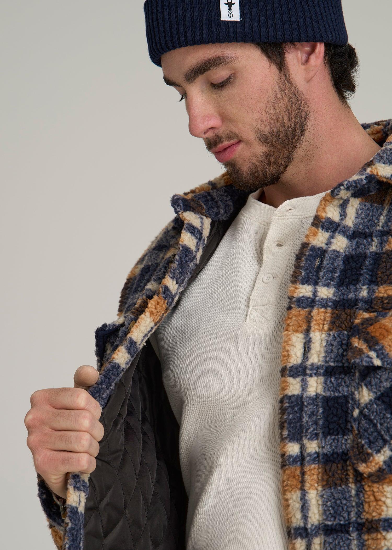 Sherpa Shirt Jacket for Tall Men in Dark Blue and Orange Plaid Male Product Image