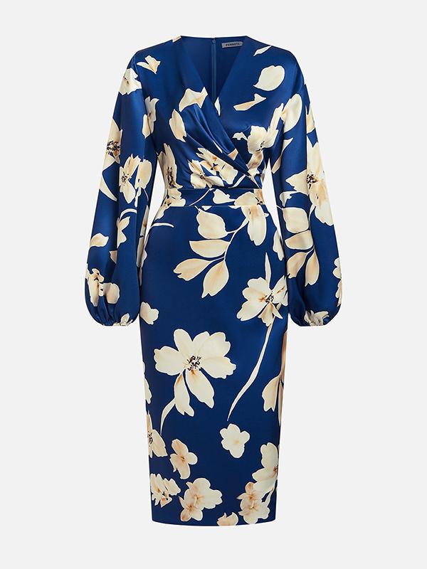 Loose Puff Sleeves Floral Printed Pleated Split-Joint V-Neck Midi Dresses Product Image