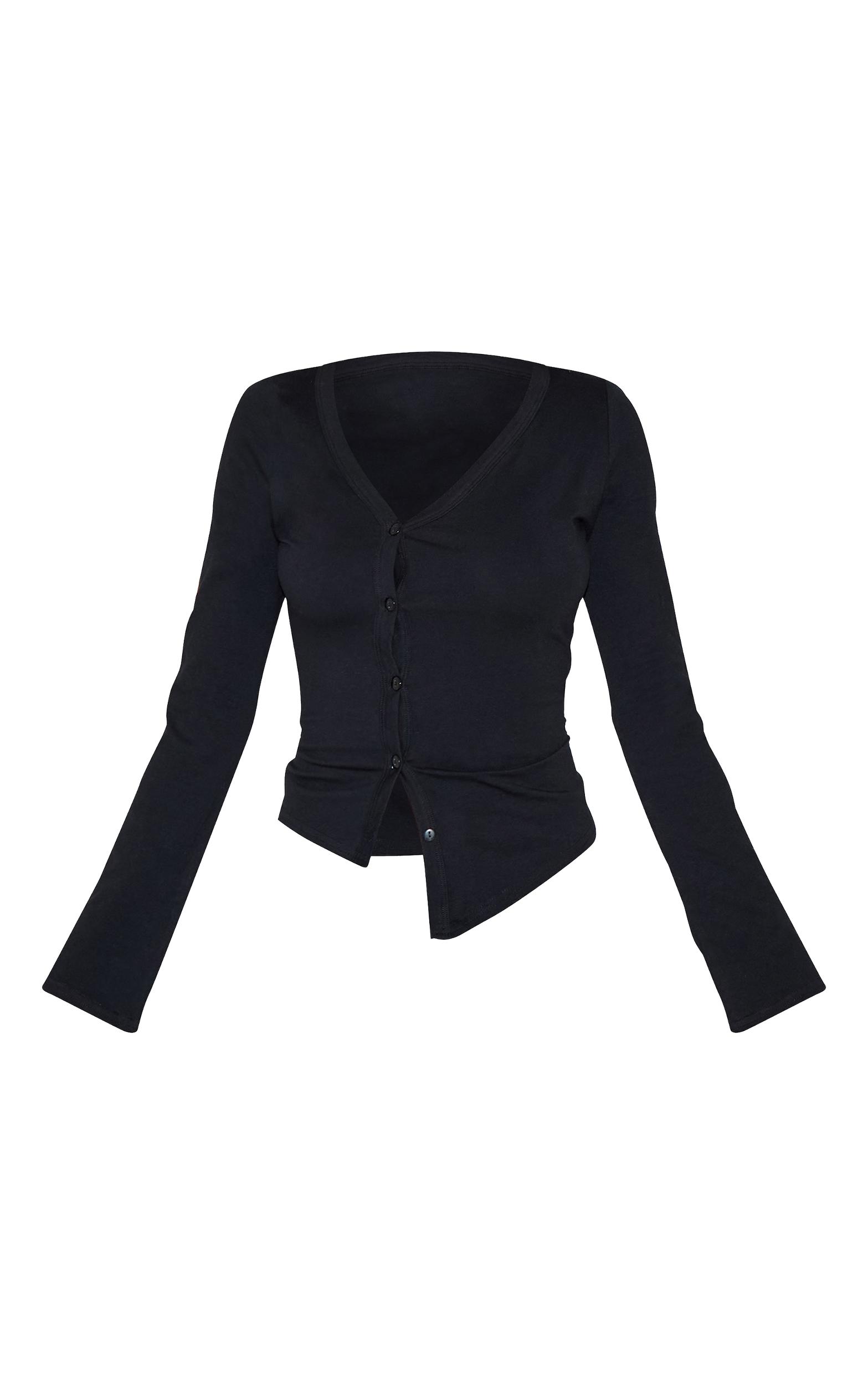 Black Asymmetric Button Down Detail Long Sleeve Top Product Image