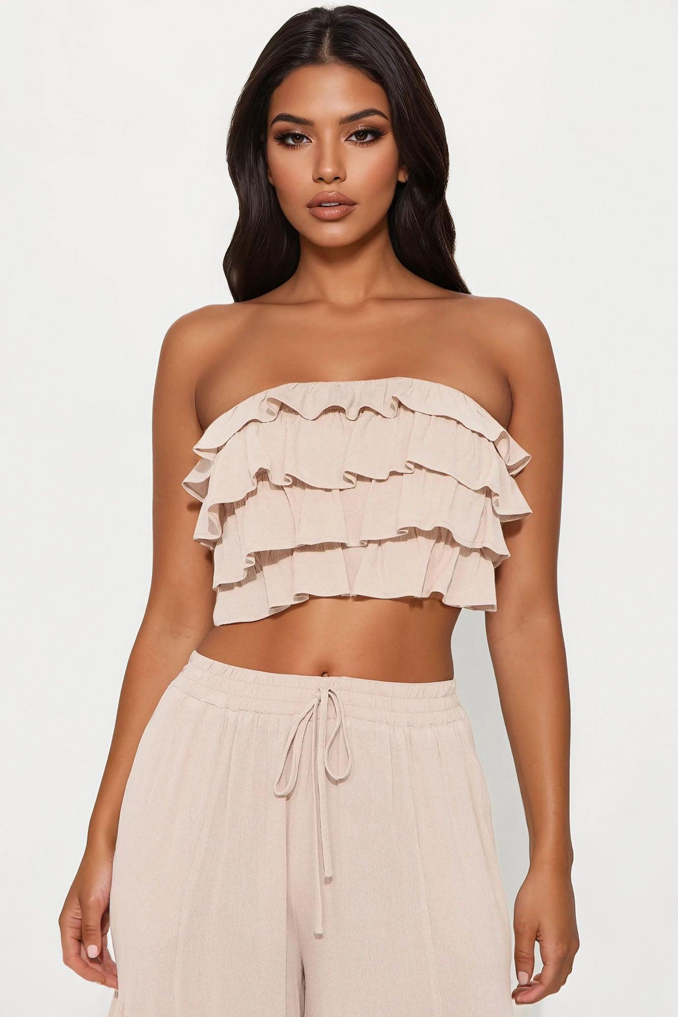 Aurora Ruffle Wide Leg Pant Set - Taupe Product Image