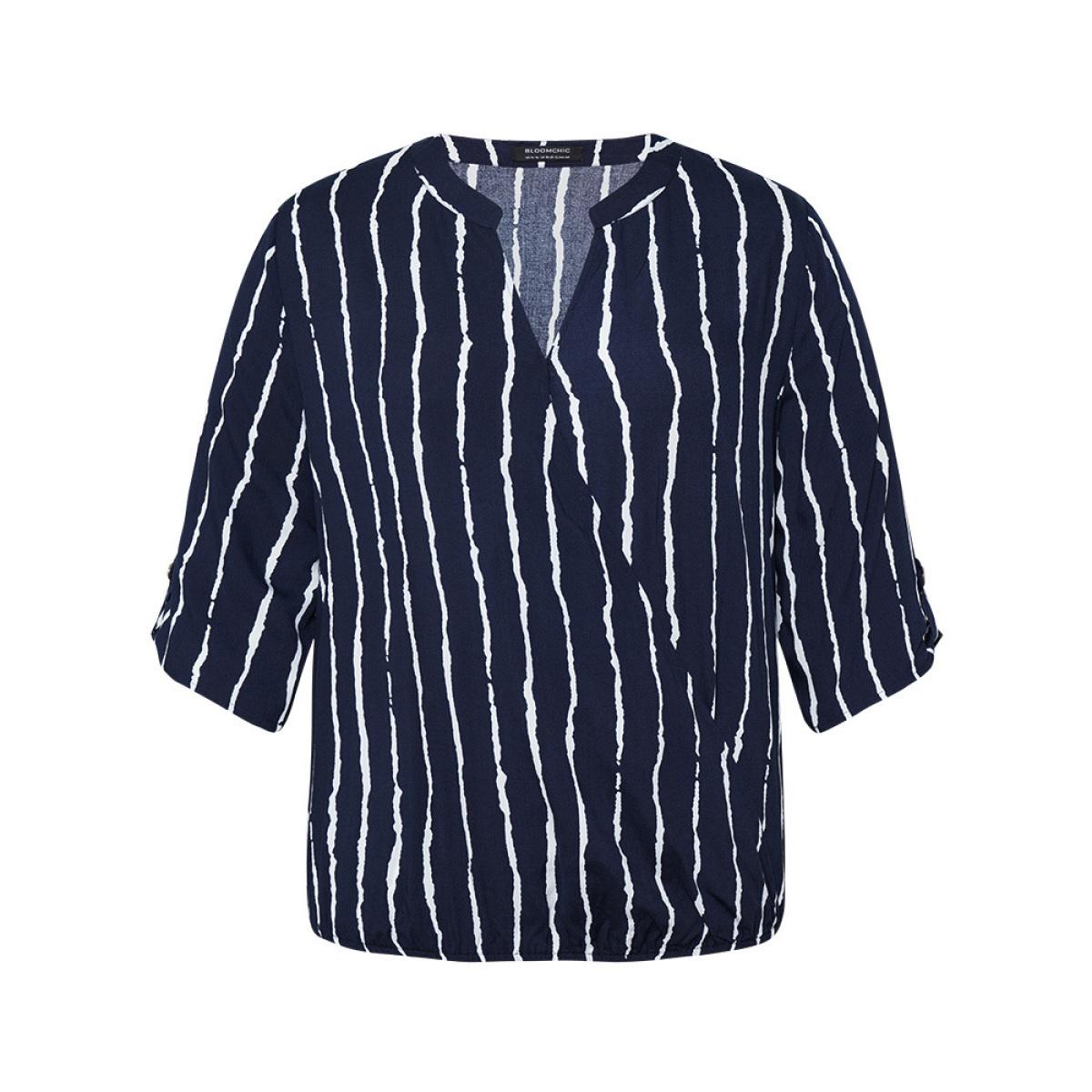 Plus Size Multicolor Striped Notched Three Quater Length Sleeve Blouse Women Office Elbow-length sleeve Notched collar Office Blouses BloomChic 30/6X Product Image