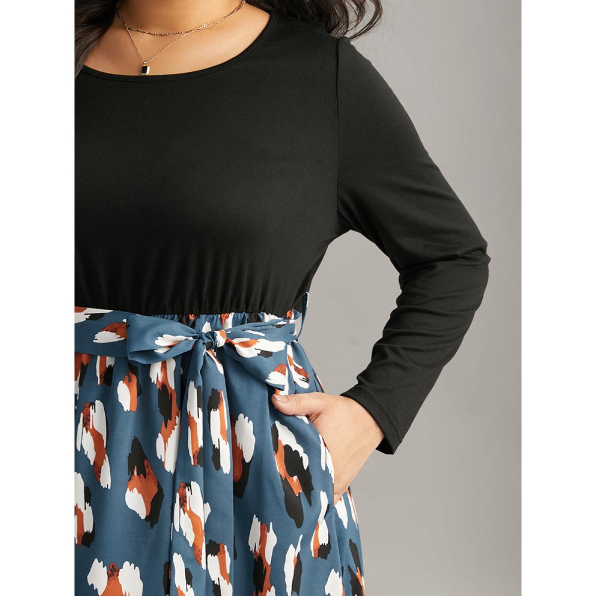 Plus Size Allover Print Patchwork Belted Pocket Dress Black Women Office Printed Round Neck Long Sleeve Curvy Midi Dress BloomChic 18-20/2X Product Image