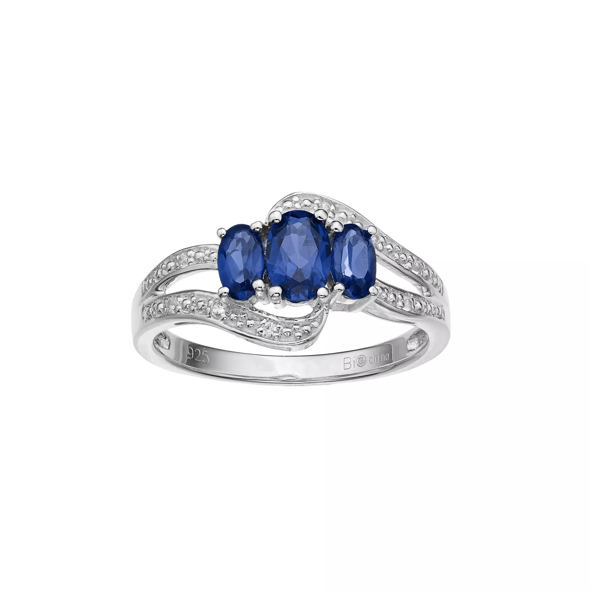Gemminded Sterling Silver Lab-Created Blue & White Sapphire 3-Stone Bypass Ring, Women's, Size: 6 Product Image