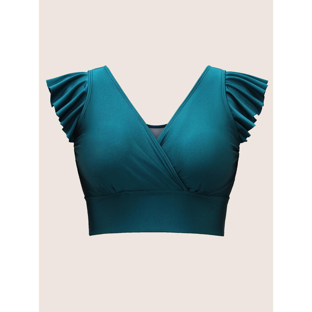 Plus Size Solid Wrap Ruffle Cap Sleeve Swim Top Women's Swimwear Cyan Beach Pleated High stretch Skinny Overlap Collar Curve Swim Tops BloomChic 30/6X Product Image
