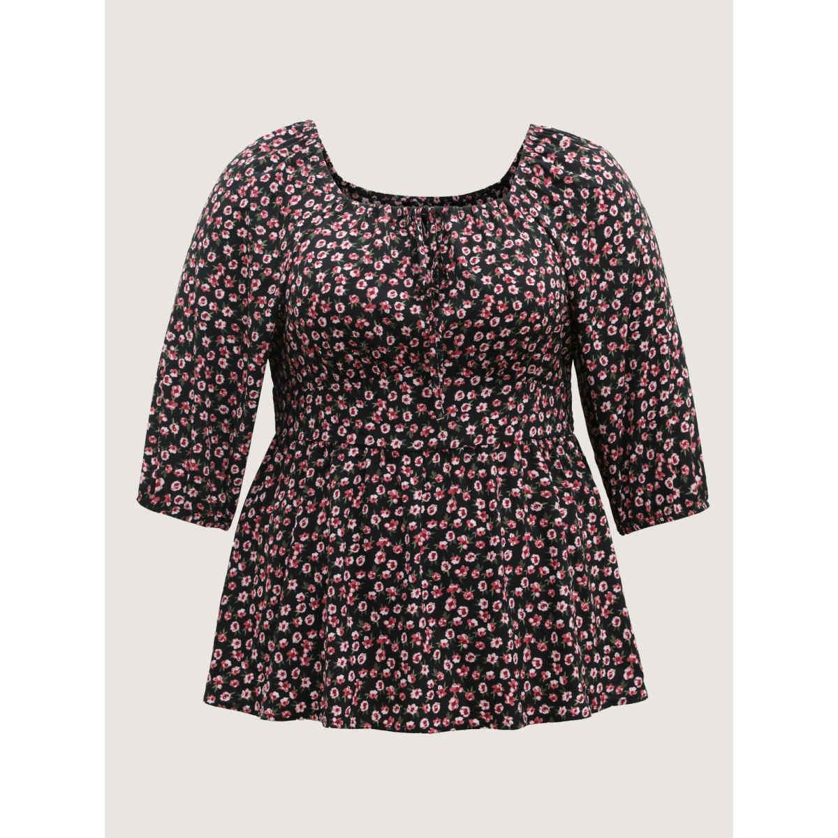 Plus Size BlackFlower Floral Adjustable Drawstring Neck Shirred Blouse Women Timeless Elbow-length sleeve Square Neck Elegant Blouses BloomChic 10/M Product Image