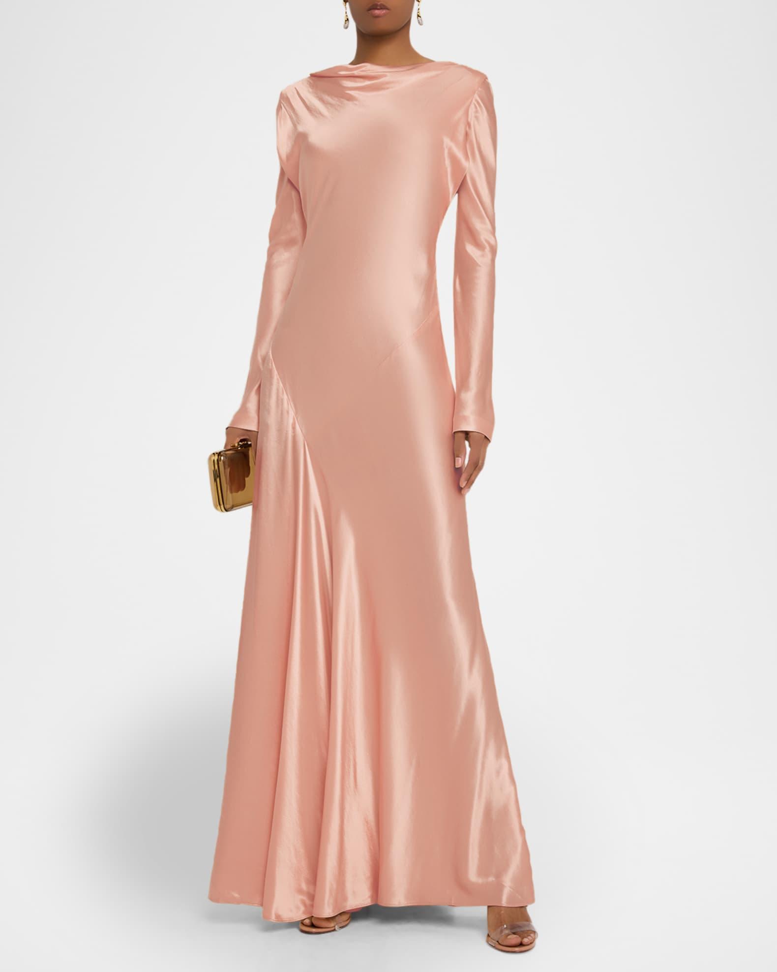 Shiny Satin Bias Long-Sleeve Maxi Dress Product Image