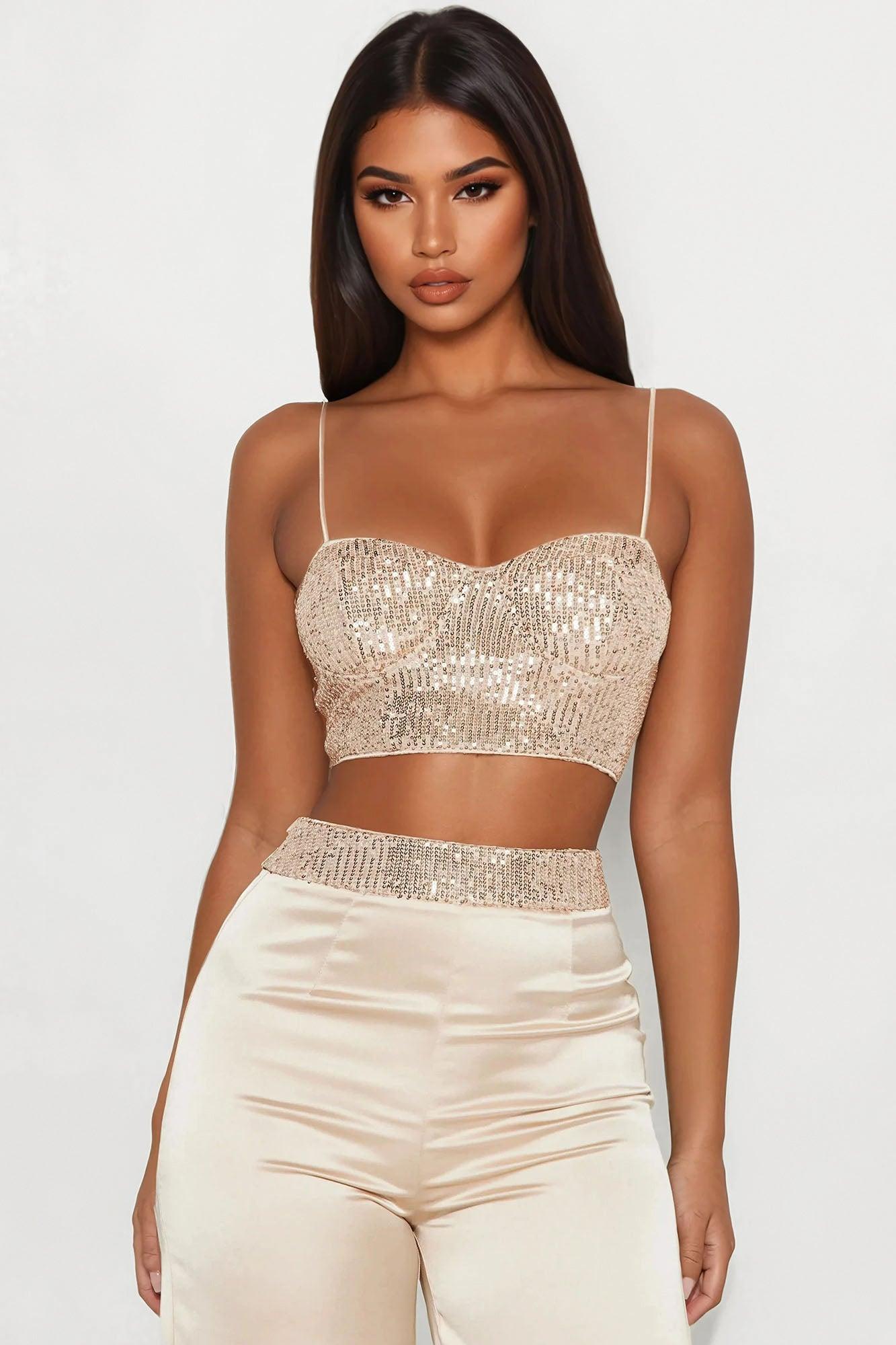 Full Of Sparkle Satin Pant Set - Champagne Product Image