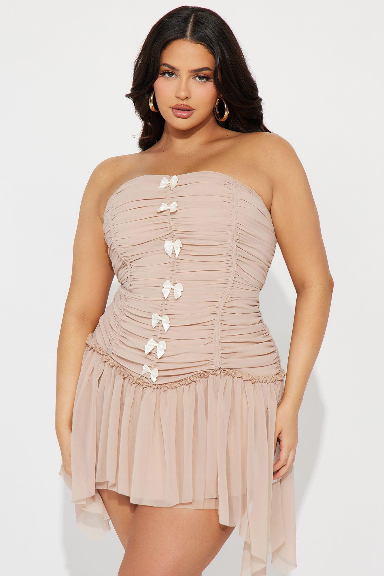 Brianna Bow Mini Dress - Taupe Product Image