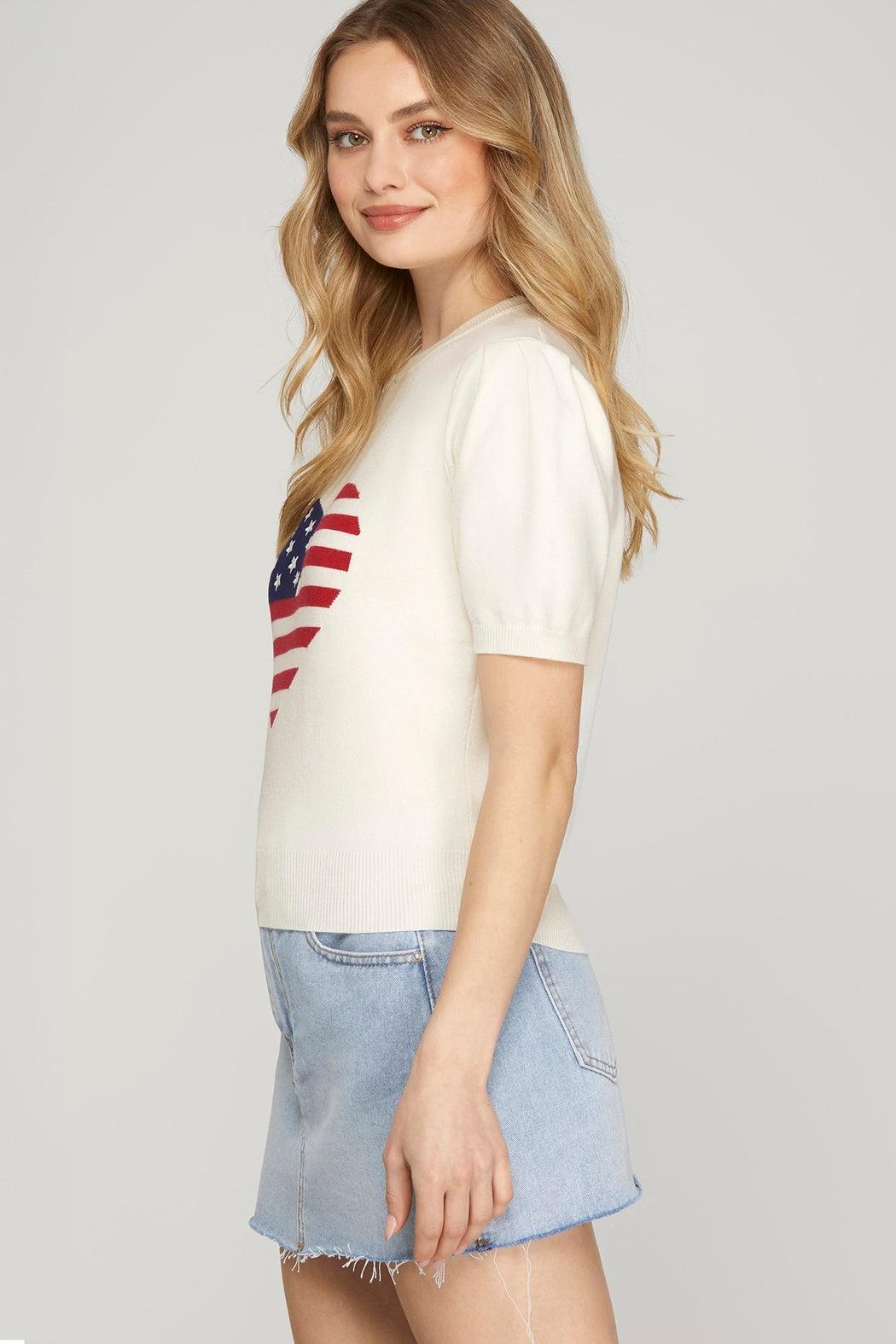 SHORT SLEEVE HEART AMERICAN FLAG SWEATER TOP Product Image
