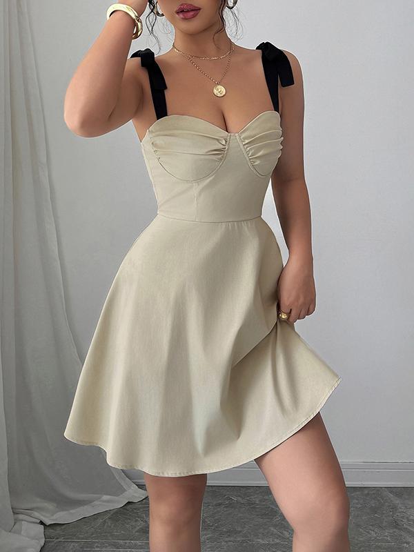 A-Line High Waisted Pleated Zipper Spaghetti-Neck Mini Dresses Product Image