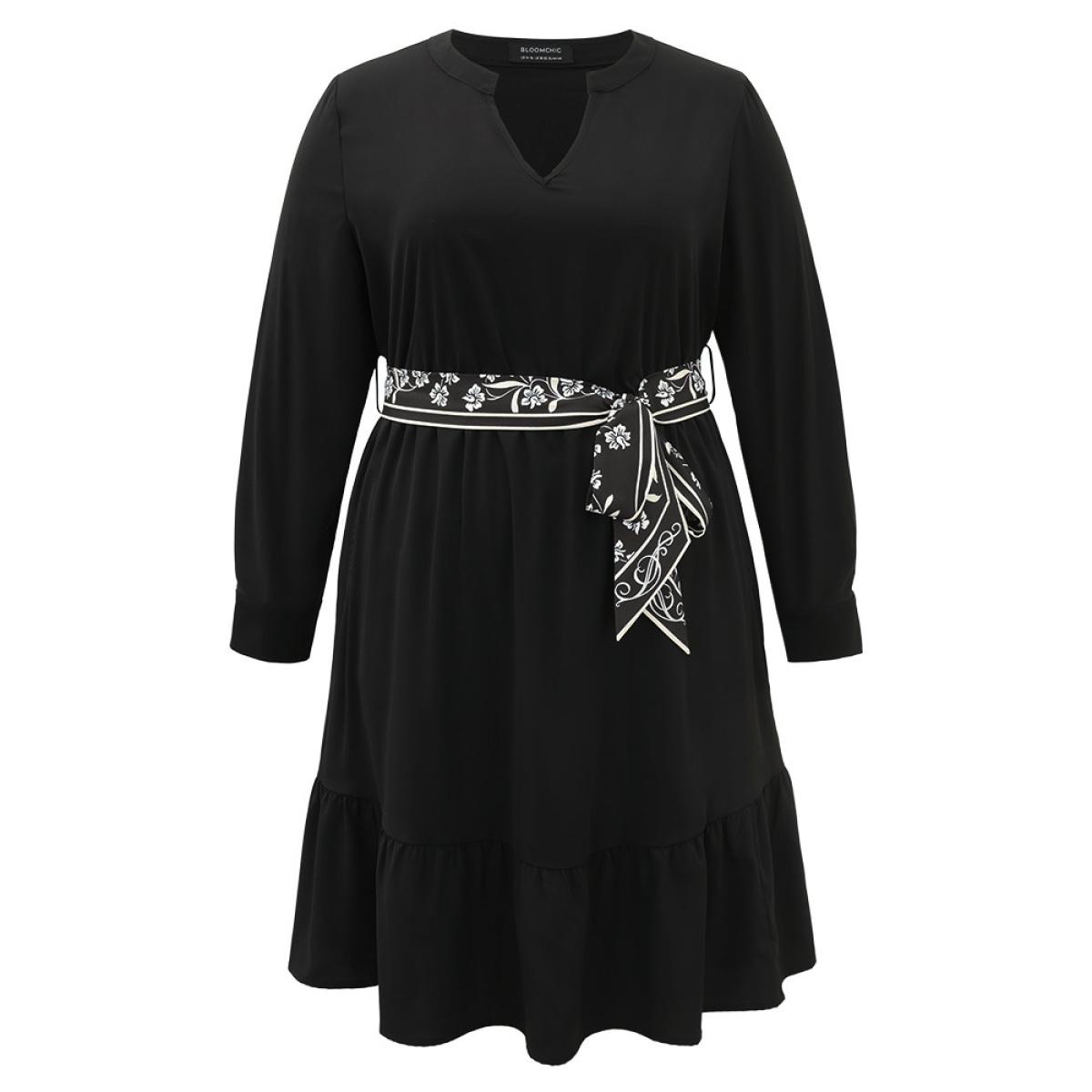 Plus Size Anti-Wrinkle Floral Print Belted Notched Dress Black Women At the Office Plain Notched collar Long Sleeve Curvy Knee Dress BloomChic 18-20/2X Product Image