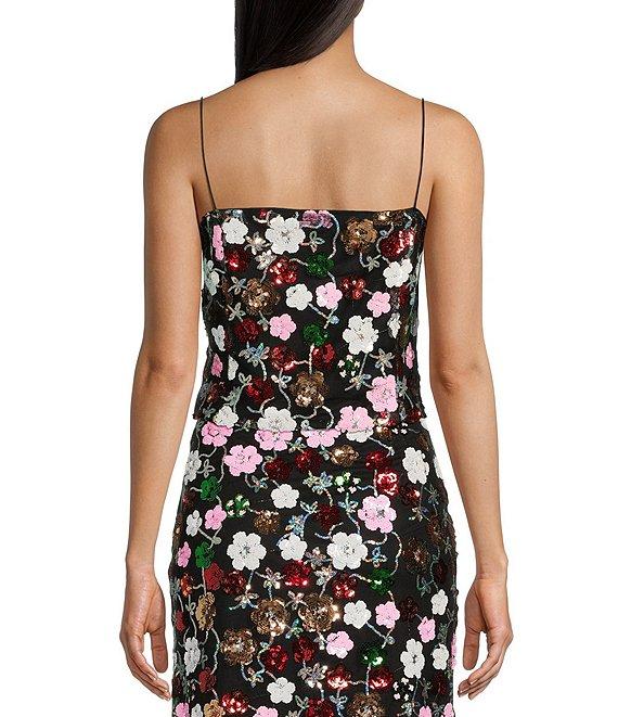 Evolutionary Square Neckline Sleeveless Floral Sequin Mesh Coordinating Crop Top Product Image