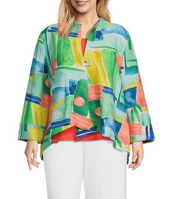 IC Collection Plus Woven Abstract Print Stand Collar Bracelet Sleeve Jacket Product Image
