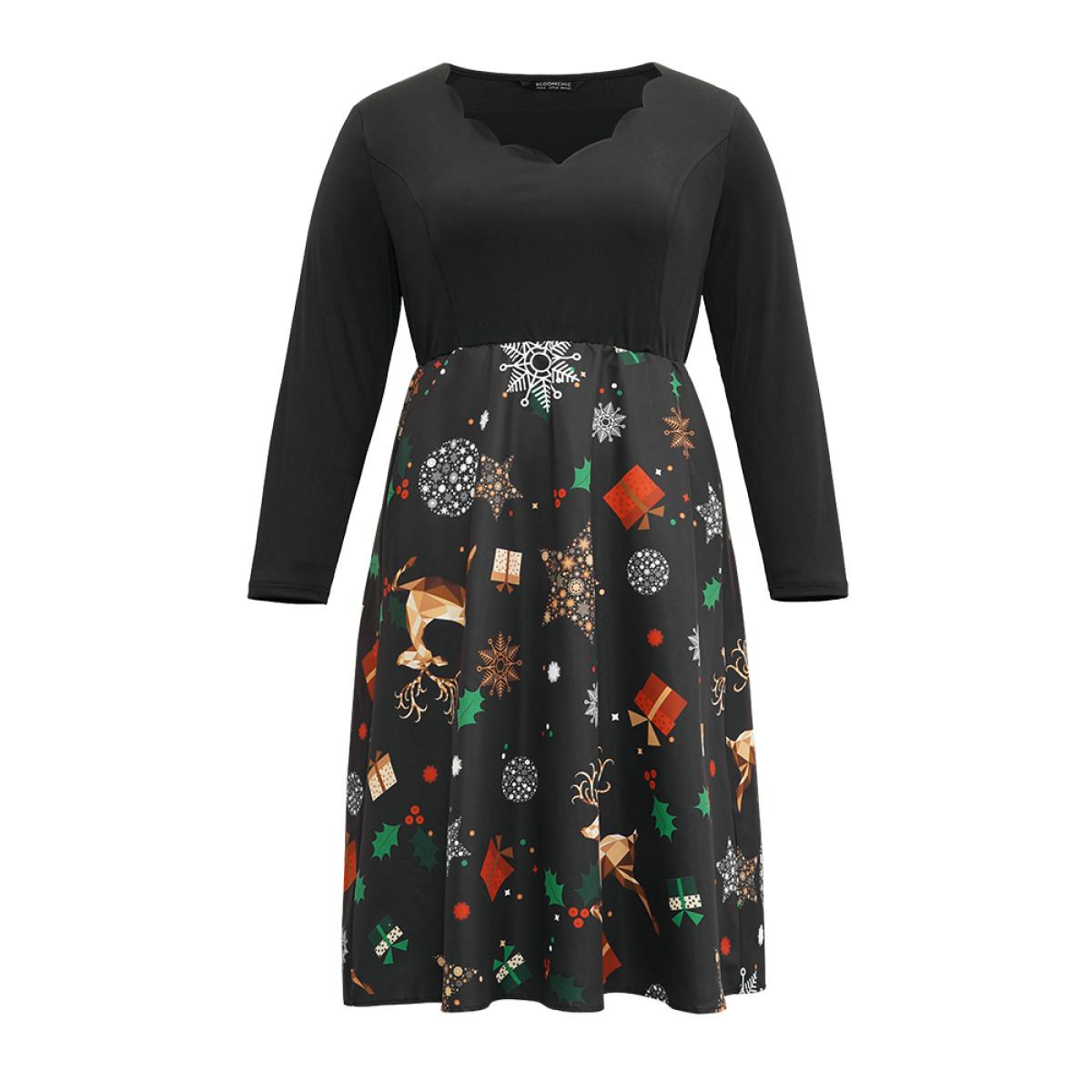 Plus Size Christmas Print Patchwork Scalloped Trim Elastic Waist Dress Black Women Glamour Printed Asymmetrical Neck Long Sleeve Curvy Midi Dress BloomChic 26/4X Product Image