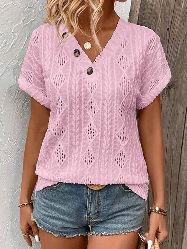 Loose Short Sleeves Buttoned Solid Color V-Neck T-Shirts Tops Product Image
