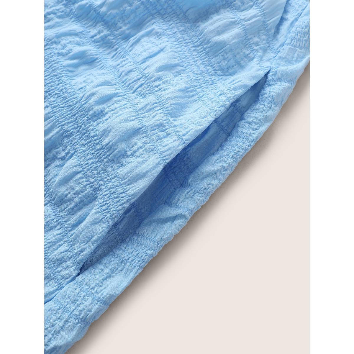 Plus Size Citrus Plain Texture Shirred Tie Knot Lantern Sleeve Dress LightBlue Women Elegant Tie knot Heart neckline Short sleeve Curvy Midi Dress BloomChic 14-16/1X Product Image