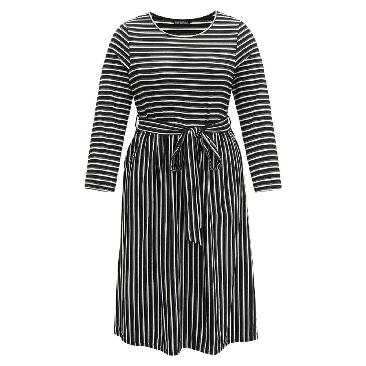 Plus Size Striped Round Neck Belted Dress Black Women Casual Belted Round Neck Long Sleeve Curvy Midi Dress BloomChic 26/4X Product Image