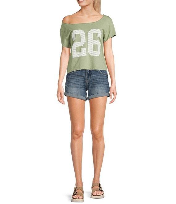 Originality Off The Shoulder Varsity Number Graphic Short Sleeve T-Shirt Product Image