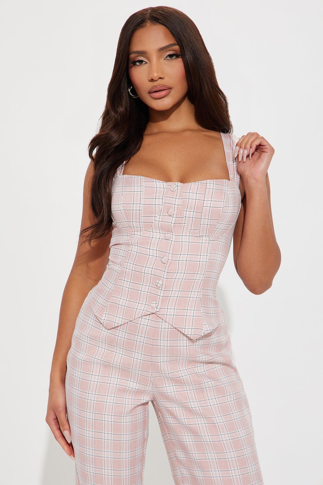 Office Hours Plaid Pant Set - Pink/combo Product Image