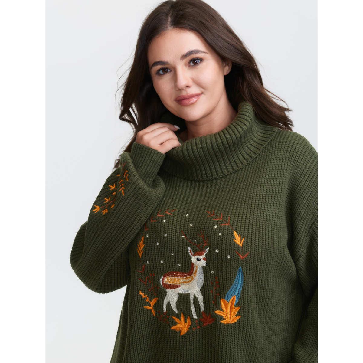 Plus Size Turtleneck Deer Embroidery Knit Pullover ArmyGreen Women Playful Loose Long Sleeve Turtleneck Casual Pullovers BloomChic 26/4X Product Image