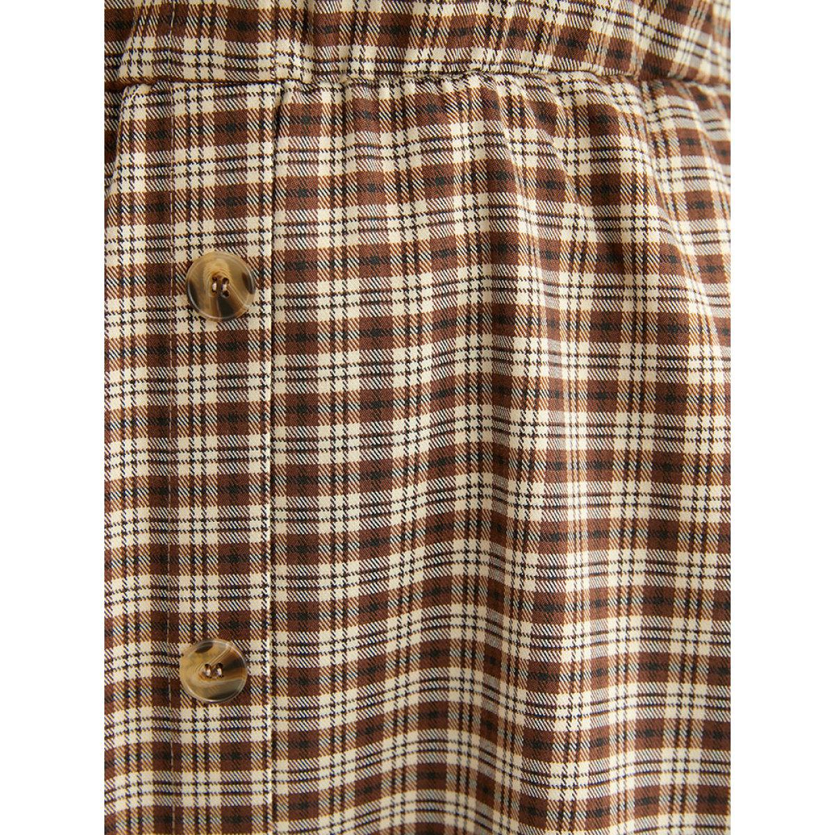 Plus Size Gingham Pocket Button Up Shirt Collar Dress Without Belt Bronze Women Office Pocket Shirt collar Long Sleeve Curvy Midi Dress BloomChic 26/4X Product Image