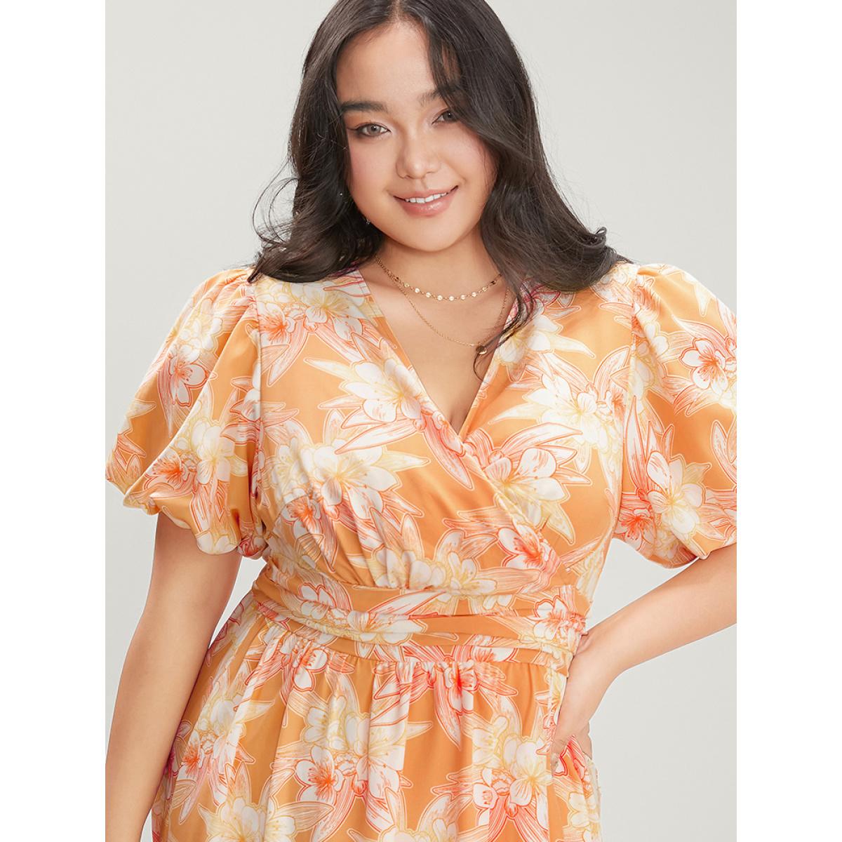 Plus Size Floral Print Puff Sleeve Gathered Pocket Wrap Ruffles Dress Salmon Women Elegant Pocket V-neck Short sleeve Curvy Midi Dress BloomChic 30/6X Product Image
